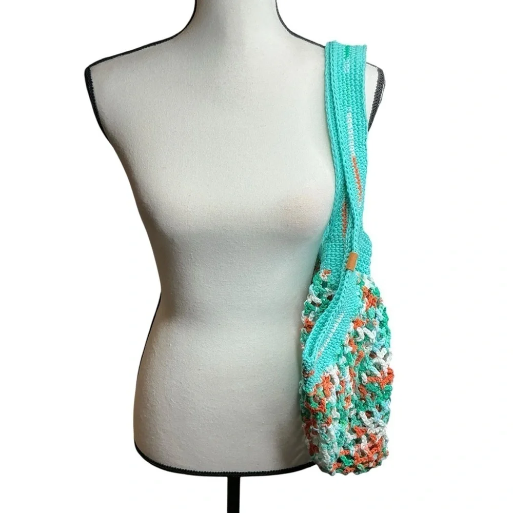 Large‎ Crochet Mesh Market Bag Teal White Cotton Handcrafted Handmade Reusable
